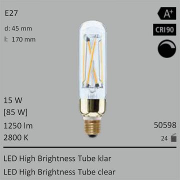  50598 - 15W=85W Segula LED High Brightness Tube klar E27 1250Lm CRI90 2800K dimmbar  63.38USD - 70.44USD  