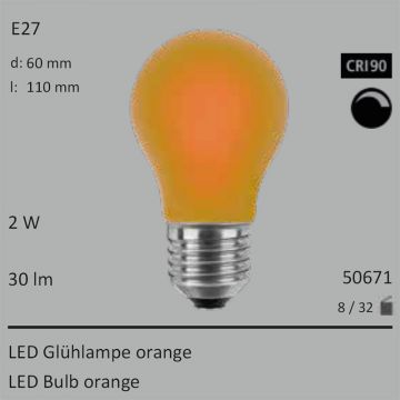  50671 - 2W Segula LED Glas Glhlampe orange E27 30Lm 360 Ra>90 dimmbar  14.82USD - 16.24USD  