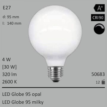  50683 - 4W=30W Segula LED Globe 95 opal E27 320Lm 360 Ra>90 2600K dimmbar  2880.77JPY - 3201.79JPY  