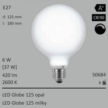  50684 - 6W=37W Segula LED Globe 125 opal E27 420Lm CRI90 2600K dimmbar  19.24GBP - 21.38GBP  