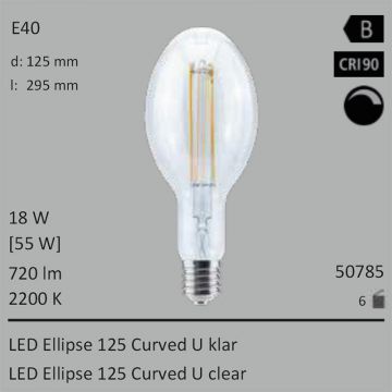  50785 - 18W=55W Segula LED Ellipse 125 Curved U klar E40 720Lm CRI90 2200K dimmbar  52.86GBP - 55.66GBP  