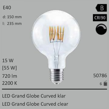  50786 - 15W=55W Segula LED Grand Globe Curved 150mm klar E40 720Lm CRI90 2200K dimmbar  10519.38JPY - 11076.98JPY  