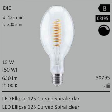  50795 - 15W=50W Segula LED Ellipse 125 Curved Spirale klar E40 630Lm CRI95 2200K dimmbar  66.50USD - 70.02USD  