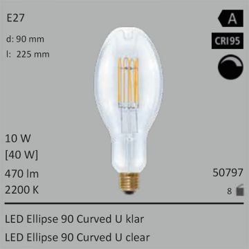  50797 - 10W=40W Segula LED Ellipse 90 Curved U klar E27 470Lm CRI95 2200K dimmbar  51.45USD - 54.18USD  