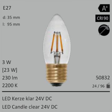  50832 - 3W=23W Segula LED Kerze klar 24VDC E27 230Lm 360 Ra>90 2200K  3013.27JPY - 3350.69JPY  