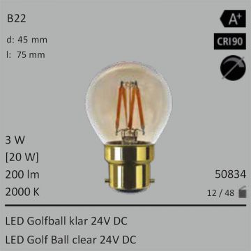  50834 - 3W=20W Segula LED Golfball klar 24VDC B22 200Lm 360 Ra>90 2000K  17,95EUR - 19,96EUR  