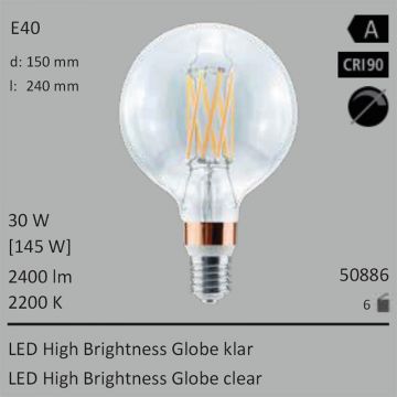  50886 - 30W=145W Segula LED High Brightness Globe 150 klar E40 2400Lm 360 Ra>90 2200K  11322.83JPY - 12581.86JPY  