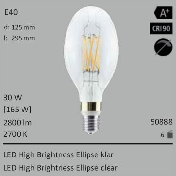  50888 - 30W=165W Segula LED High Brightness Ellipse klar E40 2800Lm CRI90 2700K  73.14USD - 81.28USD  