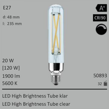  50893 - 20W=120W Segula LED High Brightness Tube klar E27 1900Lm CRI90 5600K dimmbar  49.90GBP - 55.45GBP  