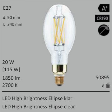  50895 - 20W=115W Segula LED High Brightness Ellipse klar E27 1850Lm CRI90 2700K  49.90GBP - 55.45GBP  