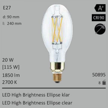  50895 - 20W=115W Segula LED High Brightness Ellipse klar E27 1850Lm CRI90 2700K  49.78GBP - 55.33GBP  