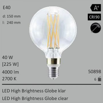  50898 - 40W=225W Segula LED High Brightness Globe 150 klar E40 4000Lm 360 Ra>90 2700K  15141.28JPY - 16824.58JPY  