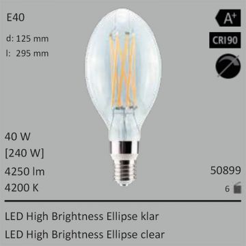  50899 - 40W=240W Segula LED High Brightness Ellipse klar E40 4250Lm CRI90 4200K  15197.95JPY - 16887.55JPY  