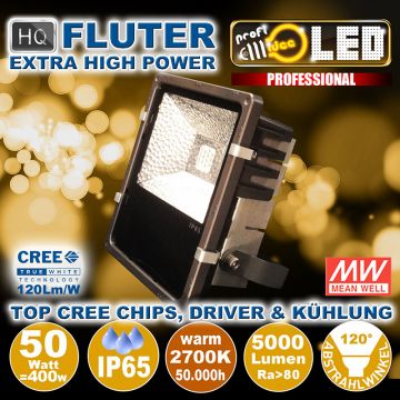  99110 - 50W=400W LED HQ Fluter 5000Lm 120 2700K IP65  152,92EUR - 169,90EUR  