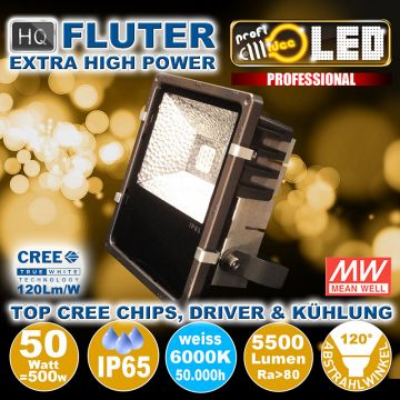  99111 - 50W=500W LED HQ Fluter 5500Lm 120 6000K IP65  166.16USD - 184.61USD  