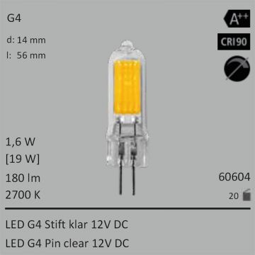  60604 - 1,6W=19W Segula LED G4 Stift klar 12VDC 180Lm 360 Ra>90 2700K  1065.87JPY - 1185.25JPY  