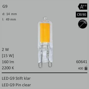  60641 - 2W=15W Segula LED G9 Stift klar 160Lm 360 Ra>90 2200K  6.79USD - 7.55USD  