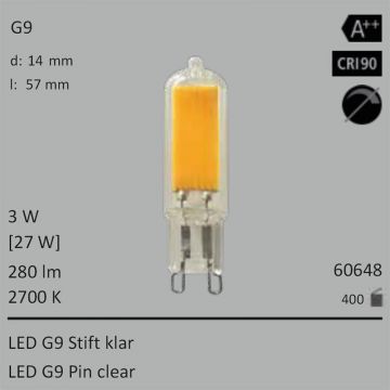  60648 - 3W=27W Segula LED G9 Stift klar 280Lm 360 Ra>90 2700K  8.66USD - 9.63USD  
