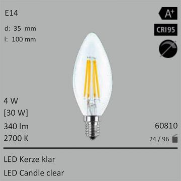  60810 - 4W=30W LED Kerze klar E14 340Lm 360 Ra>95 2700K  8.75USD - 9.73USD  