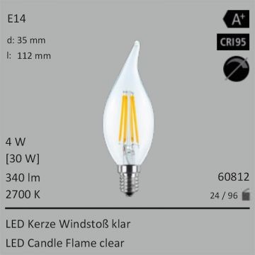  60812 - 4W=30W LED Kerze Windstoss klar E14 340Lm 360 Ra>95 2700K  6.91GBP - 7.68GBP  