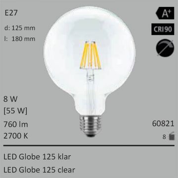  60821 - 8W=55W Segula LED Globe 125 klar E27 760Lm 360 Ra>90 2700K  14.61GBP - 16.24GBP  