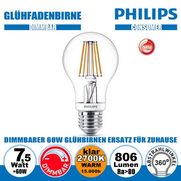  57547 - 7,5W=60W PHILIPS LED Glhfadenbirne klar E27 806lm 360 2700K Ra>80 Classic dimmbar  10.23USD - 10.78USD  