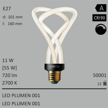 50001 - 11W=55W LED Plumen 001 E27 720Lm 360� Ra>90 2700K dimmbar  45.75USD - 50.85USD  