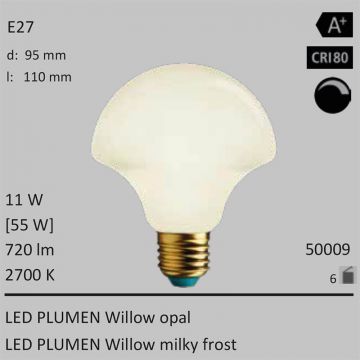 50009 - 11W=55W LED Plumen Willow 95mm opal E27 720Lm CRI80 2700K dimmbar  3663.85JPY - 4071.70JPY  