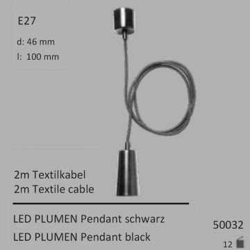  50032 - LED Plumen Pendant schwarz 2m Textilkabel E27  2648.31JPY - 2857.67JPY  