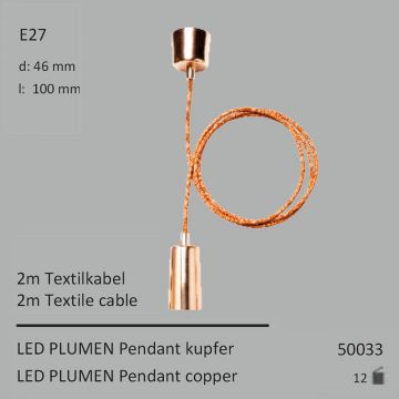  50033 - LED Plumen Pendant kupfer 2m Textilkabel E27  19.83USD - 21.39USD  
