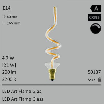  50137 - 4,7W=21W SEGULA LED ART Flame Glas E27 200Lm 360� Ra>95 2200K dimmbar  17.47GBP - 19.38GBP  