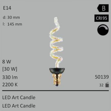  50139 - 8W=30W SEGULA LED ART Candle E27 330Lm 360° Ra>95 2200K dimmbar  17.47GBP - 19.38GBP  
