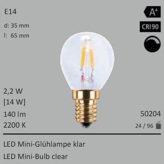  2,2W=14W LED Mini-Glhlampe klar E14 140Lm 360 Ra>90 2200K dimmbar 