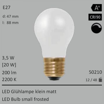  50210 - 3,5W=20W LED Gl�hlampe klein matt E27 200Lm 360� Ra>90 2200K dimmbar  12.77USD - 14.21USD  