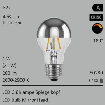  50280 - 4W=21W LED Spiegelkopf Birne silber E27 200Lm 180� Ra>90 2000-2900K ambient dimmbar  21.32USD - 23.03USD  