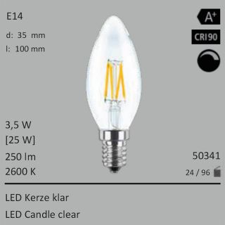  3,5W=25W LED Kerze klar E14 250Lm 360 Ra>90 2600K dimmbar 
