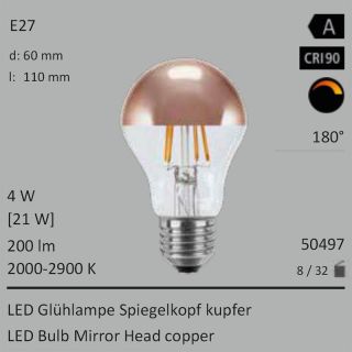  4W=21W LED Spiegelkopf Birne kupfer E27 200Lm 180 Ra>90 2000-2900K ambient dimmbar 