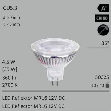  50625 - 4,5W=35W LED Glas-Spot COB MR16 400Lm 36° 2700K Warm  7.22USD - 8.02USD  