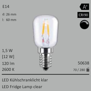  1,5W=12W LED K�hlschranklicht klar E14 120Lm 360� Ra>90 2600K dimmbar 