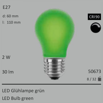  50673 - 2W Segula LED Glas Glühlampe grün E27 30Lm 360° Ra>90 dimmbar  14.59USD - 15.99USD  