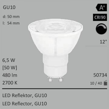  50734 - 6W=50W Segula LED Spot Reflektor GU10 480Lm 12° CRI90 2700K dimmbar  17.59USD - 19.55USD  