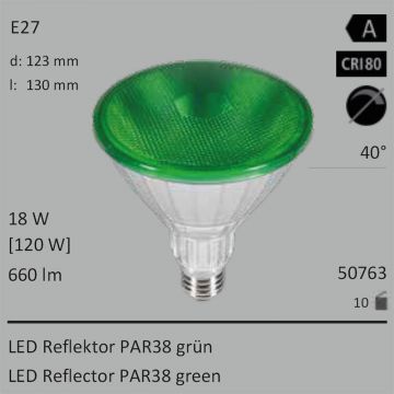  50763 - 18W=120W SEGULA LED PAR38 Reflektor grün E27 40° 660Lm IP65 Ra>80  17,95EUR - 19,96EUR  