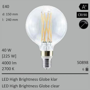  50898 - 40W=225W Segula LED High Brightness Globe 150 klar E40 4000Lm 360� Ra>90 2700K  89,95EUR - 99,95EUR  