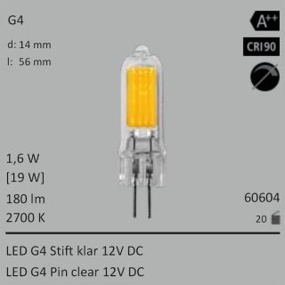  1,6W=19W Segula LED G4 Stift klar 12VDC 180Lm 360 Ra>90 2700K 