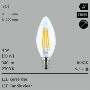 60810 - 4W=30W LED Kerze klar E14 340Lm 360° Ra>95 2700K  8.61USD - 9.57USD  