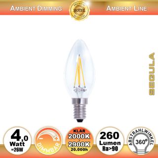  4W=26W LED Ambient Dimming Glas Kerze klar E14 260Lm 360 Ra>90 2000K-2900K 